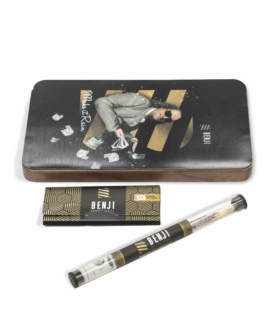 Benji OG Walnut Rolling Tray with Magnetic Lid, Papers, and Cones