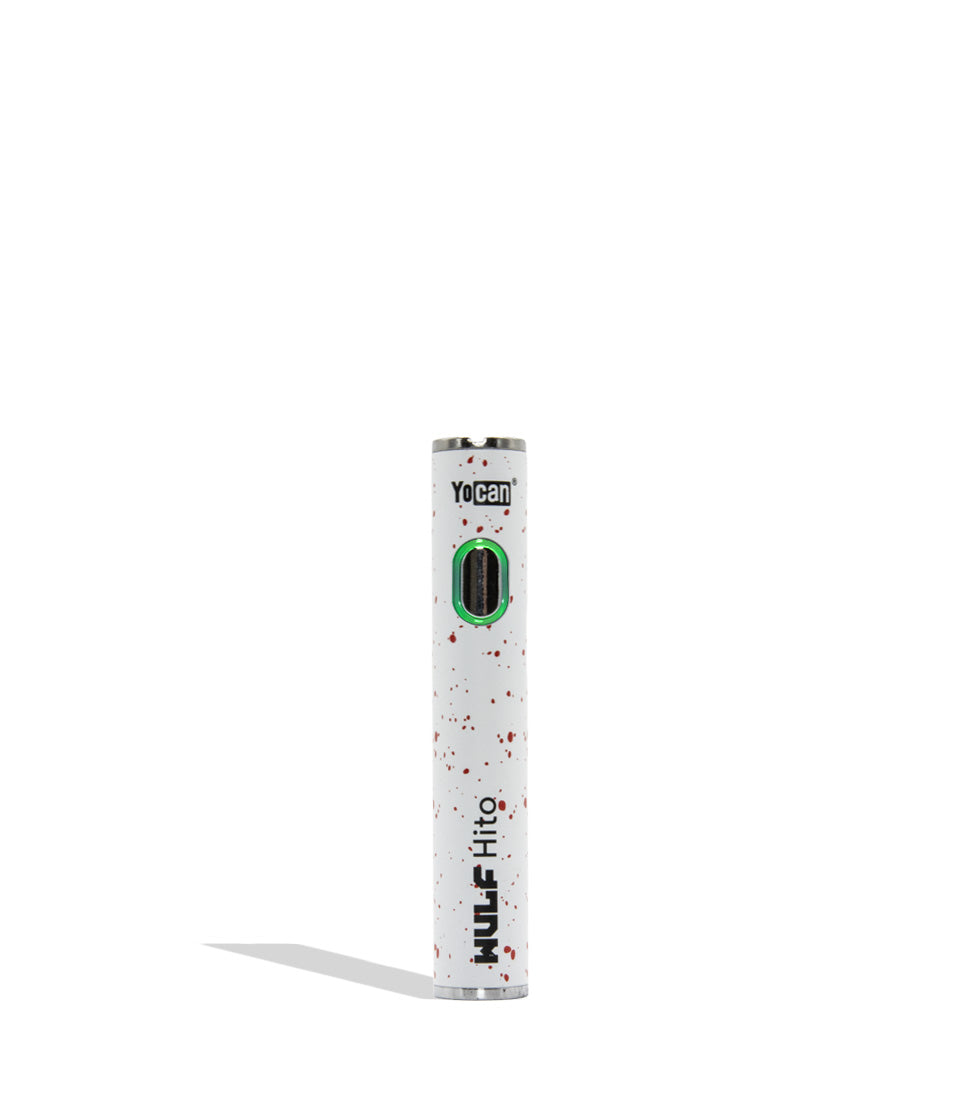WULF Mods Hito 510 battery in white spatter color variant on a white background with a green ring light turned on surrounding the main power button.