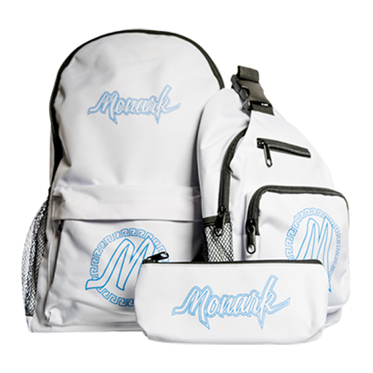 White Monark Backpack w/ White Shoulder Bag & White Pouch