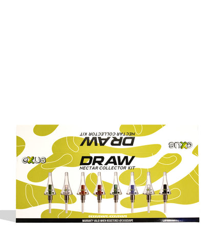 Exxus Draw Nectar Collector Kit 12pk display box shown flat and unassembled, with eight collector tips printed across the yellow and white header card
