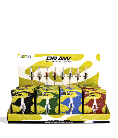 Exxus Draw Nectar Collector Kit 12pk display box, front view, with eight collector tips on the yellow header card and individual retail boxes in the tray