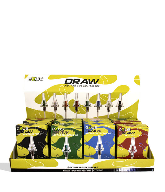 Exxus Draw Nectar Collector Kit 12pk display box, front view, with eight collector tips on the yellow header card and individual retail boxes in the tray