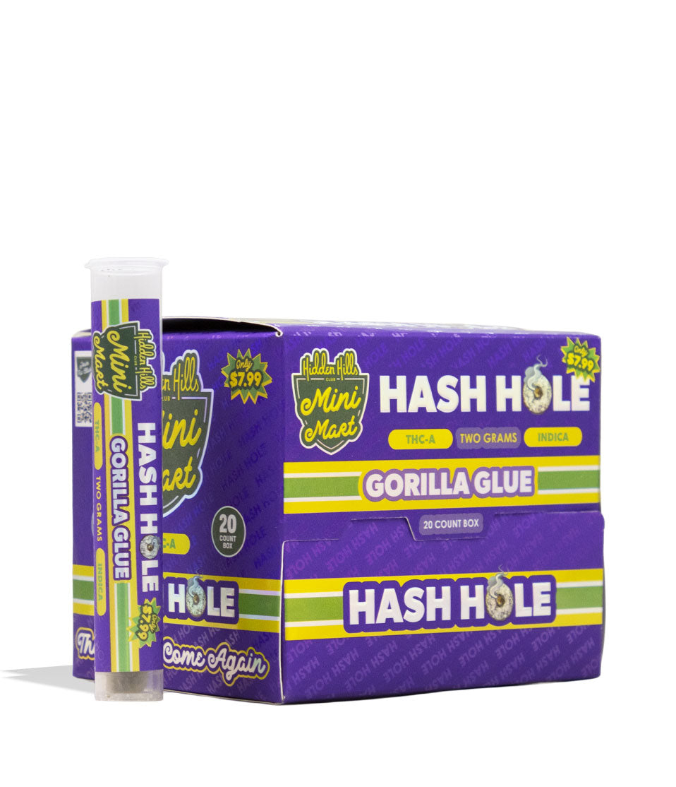 Gorilla Glue Hidden Hills Mini Mart 2g THC-A Hash Hole Preroll 20pk Front View on White Background