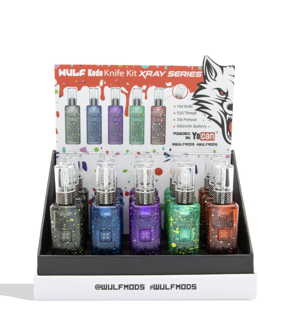 Wulf Mods Kodo Knife Kit X-Ray Series hot knife and 510 battery shelf ready display box in front view on a white background