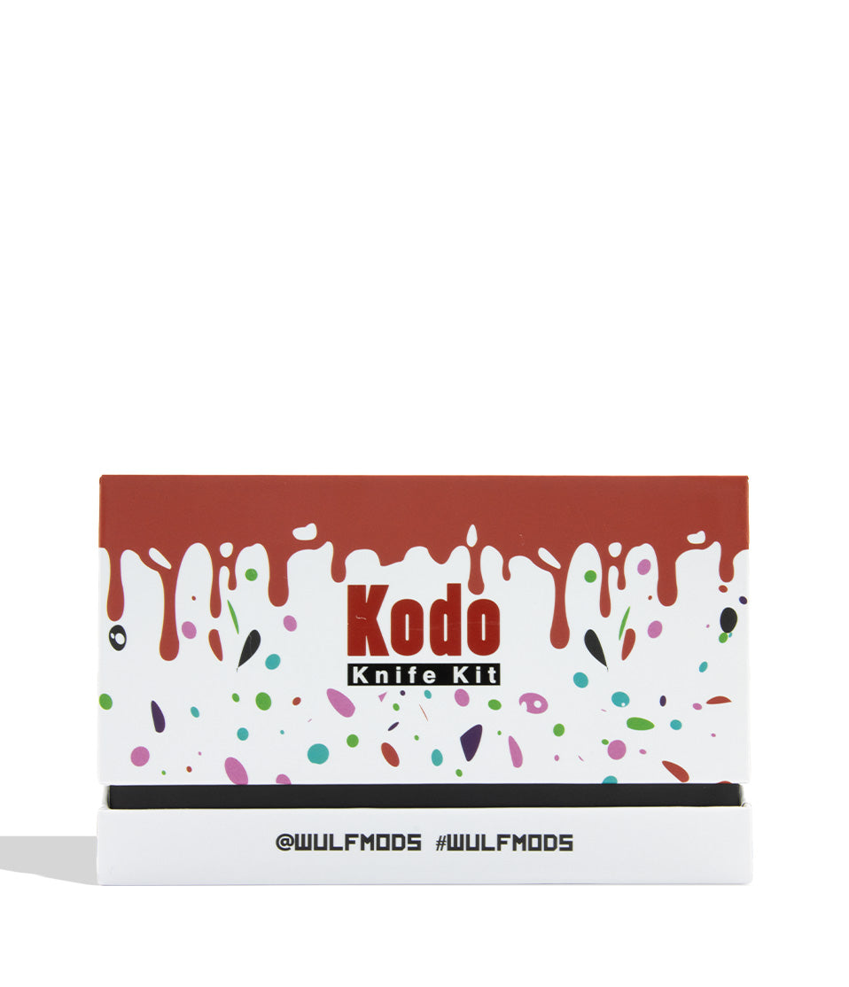 Kodo Knife Kit display box by Wulf Mods, featuring a white background with a red dripping paint design at the top, multicolored paint splatters, and the text 'Kodo Knife Kit' in the center.