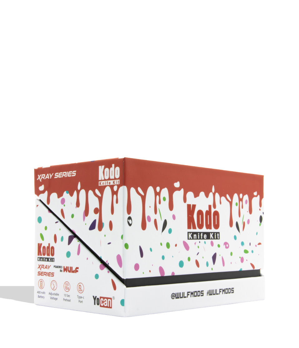 A boxed product labeled 'Kodo Knife Kit' with 'X-Ray Series' branding, shown on a clean white background. The box is mostly white with a coral-red top panel, dripping paint-style graphics, and scattered multicolored paint splatters.