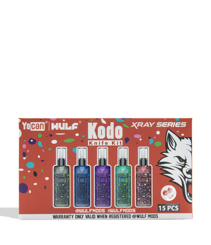 Wulf Mods Kodo Knife Kit X-Ray Series hot knife and 510 battery shelf ready display box in top view on a white background