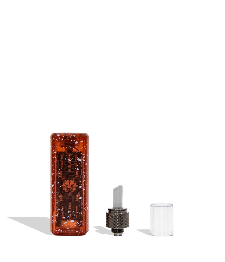 Wulf Mods Kodo X-Ray hot knife in red white spatter on a white background disassembled with the three pieces that make up the product containing the battery, hot knife attachment, and topped cap.