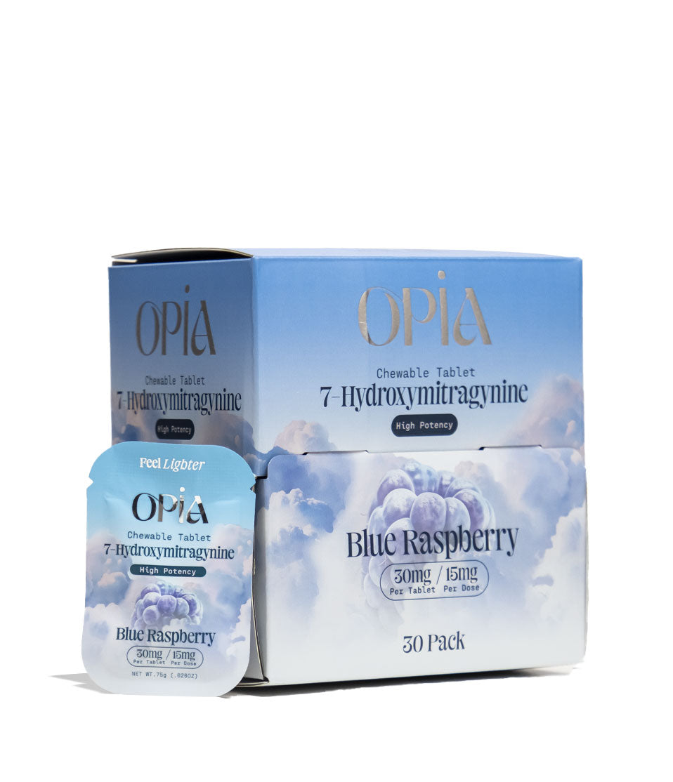 Blue Raspberry Opia 7-Hydroxymitragynine 1pk Chewable Tablets 30mg 30pk Front View on White Background