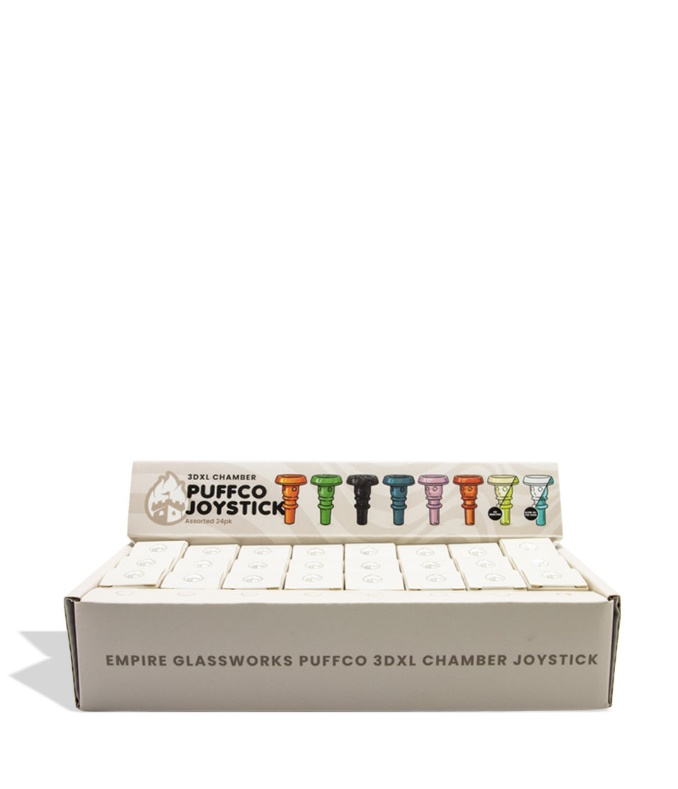 A retail display box of Empire Glassworks Puffco 3DXL Chamber Joystick, showing multiple colorful glass chandeliers inside a white cardboard display case with a branded header card.