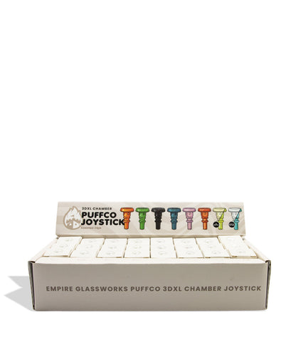 A retail display box of Empire Glassworks Puffco 3DXL Chamber Joystick, showing multiple colorful glass chandeliers inside a white cardboard display case with a branded header card.