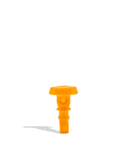 A bright orange plastic cap or connector piece standing upright on a white background with a soft shadow.