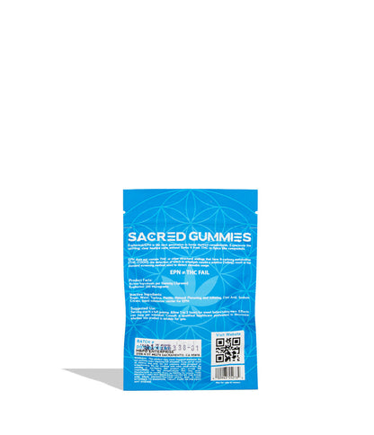 The back of a blue resealable pouch labeled 'SACRED GUMMIES' with product text, a QR code, and barcode on a white background.