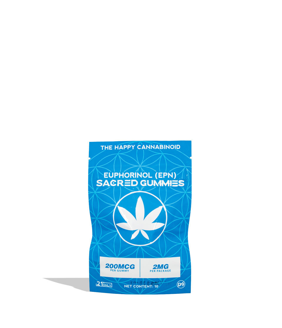 A blue stand-up pouch of 'The Happy Cannabinoid' Sacred Gummies, featuring a white cannabis leaf logo and text indicating 200mCG and 2mg per gummy on white background