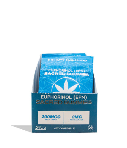 A blue display box of Euphorinol (EPN) Sacred Gummies, showing individual packet packs stacked inside. The packaging features a white cannabis leaf logo and dosage details of 200MCG and 2MG per package, set against a clean white background.