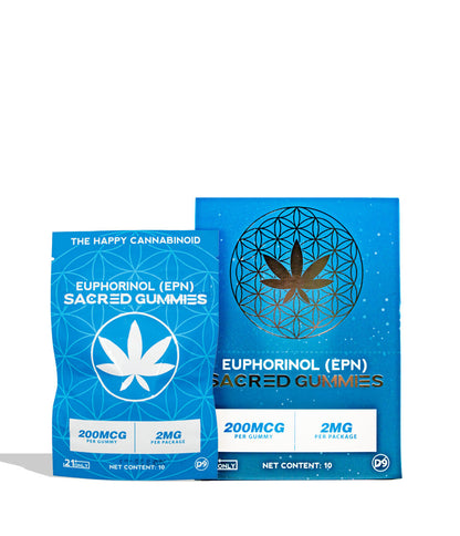 A blue pouch and matching box of Euphorinol (EPN) Sacred Gummies by The Happy Cannabinoid, featuring a gold geometric cannabis leaf logo and white text on a clean white background.