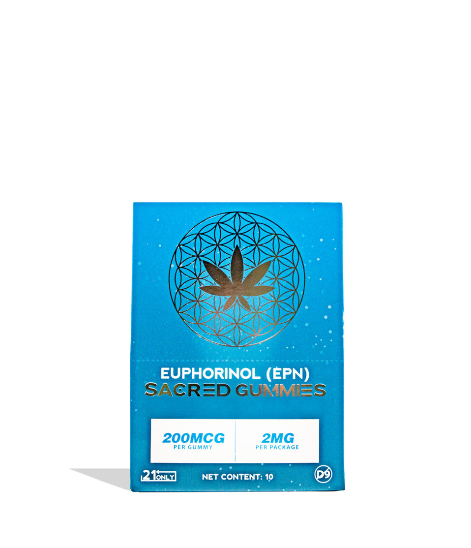 A blue rectangular box of Sacred Gummies containing Euphorinol (EPN) 200MCG, featuring a gold geometric cannabis leaf logo and white text, set against a plain white background with a soft shadow.