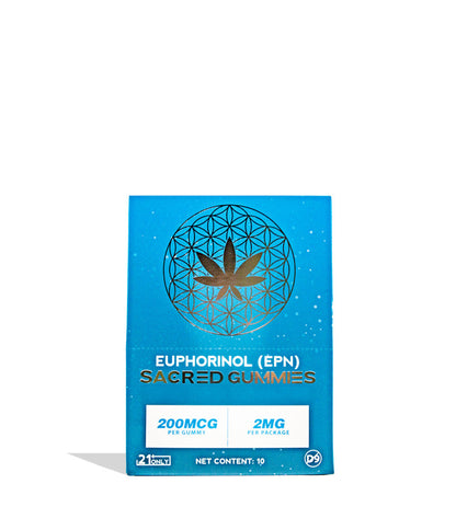 A blue rectangular box of Sacred Gummies containing Euphorinol (EPN) 200MCG, featuring a gold geometric cannabis leaf logo and white text, set against a plain white background with a soft shadow.