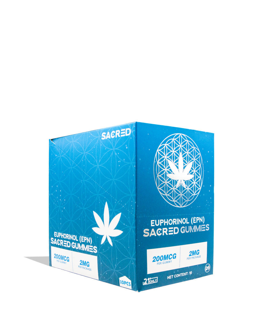 A blue and white product box for Sacred Euphorinol (EPN) Sacred Gummies, featuring a white cannabis leaf logo and product details on a clean white background.