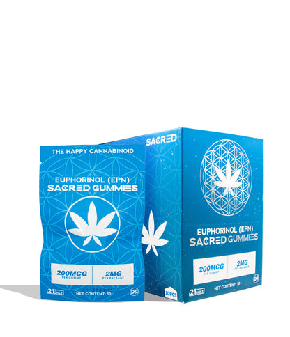 Sacred Gummies' containing 10 packages of 200MG and 2MG gummies. on white background
