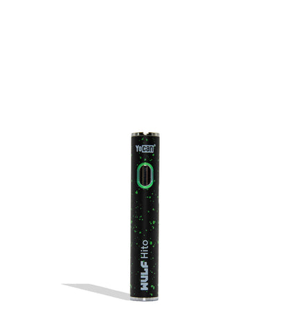 WULF Mods Hito 510 battery in black green spatter color variant on a white background with a green ring light turned on surrounding the main power button.