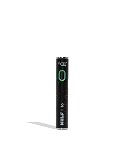 WULF Mods Hito 510 battery in black red spatter color variant on a white background with a green ring light turned on surrounding the main power button.