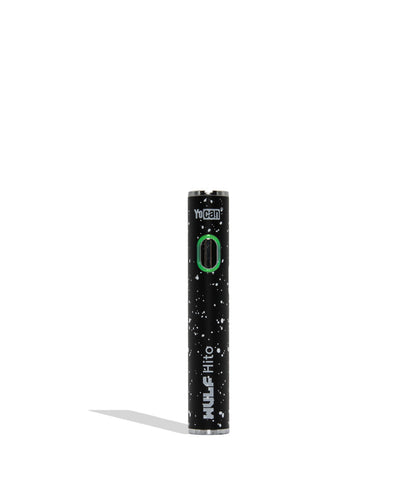 WULF Mods Hito 510 battery in black white spatter color variant on a white background with a green ring light turned on surrounding the main power button.