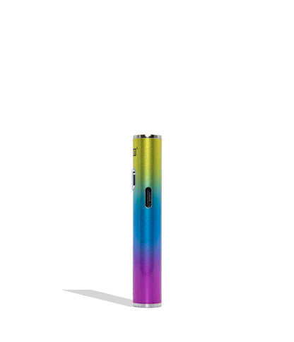 A slim cylindrical vape device 510 battery with a metallic rainbow gradient transitioning from yellow-green to blue and purple, standing upright on a white background with a soft shadow.