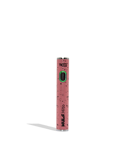 WULF Mods Hito 510 battery in pink black spatter color variant on a white background with a green ring light turned on surrounding the main power button.