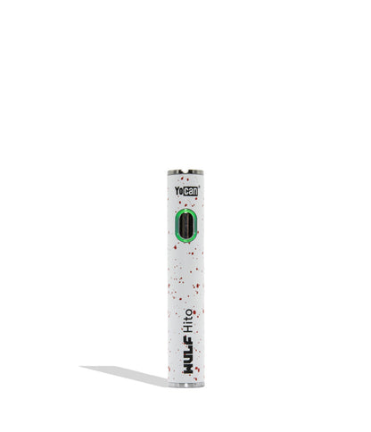 WULF Mods Hito 510 battery in white  spatter color variant on a white background with a green ring light turned on surrounding the main power button.