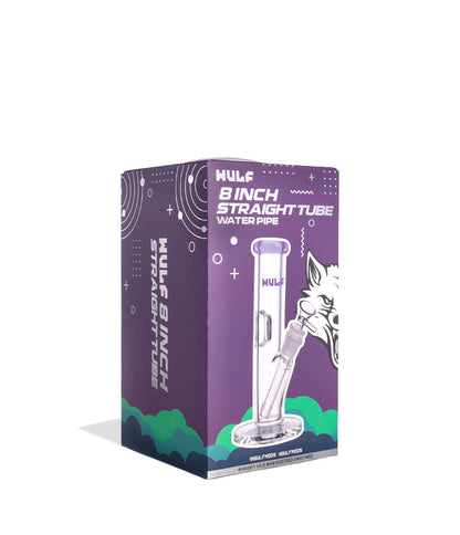 Purple Wulf Mods 5mm 8inch Straight Water Pipe Packaging Angle View on White Background