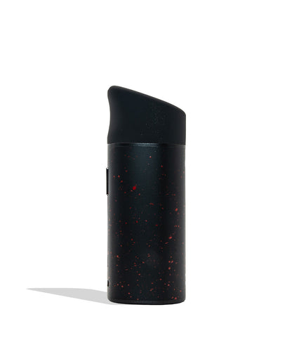 WULF MODS Pocket Mini concentrate vaporizer in black with red spatter pattern details, featuring a vertical rainbow LED indicator light on the side, shown against a plain white background. Side view
