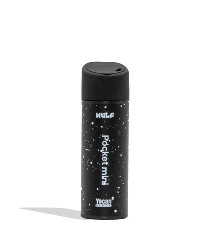 WULF MODS Pocket Mini concentrate vaporizer in black white spatter, featuring a vertical rainbow LED indicator light on the side, shown against a plain white background. Back logo view