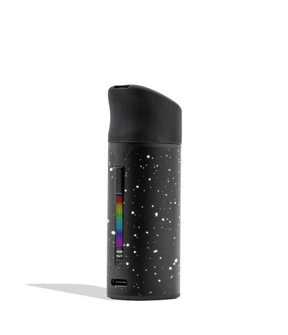 WULF MODS Pocket Mini concentrate vaporizer in black white spatter, featuring a vertical rainbow LED indicator light on the side, shown against a plain white background.