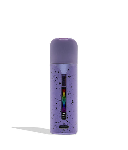 WULF MODS Pocket Mini portable concentrate vaporizer in purple with black spatter pattern details, featuring a vertical rainbow LED indicator light on the side, shown against a plain white background. Front view
