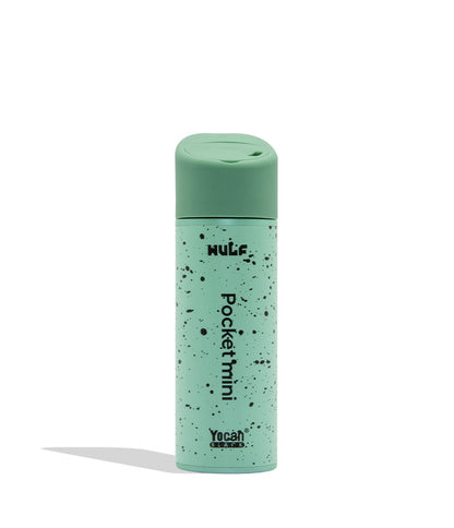 WULF MODS Pocket Mini portable concentrate vaporizer in teal/mint with black spatter pattern details, featuring a vertical rainbow LED indicator light on the side, shown against a plain white background. Back view