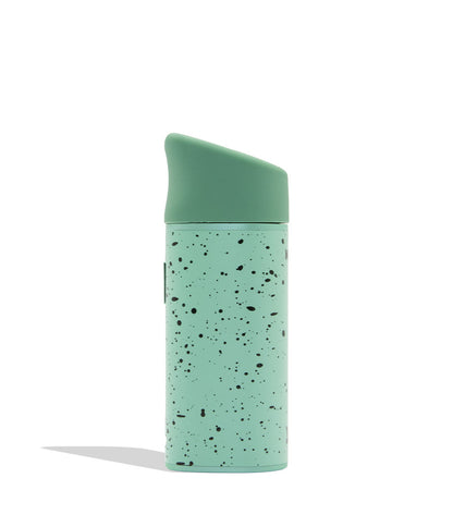 WULF MODS Pocket Mini portable concentrate vaporizer in teal/mint with black spatter pattern details, featuring a vertical rainbow LED indicator light on the side, shown against a plain white background. Side view