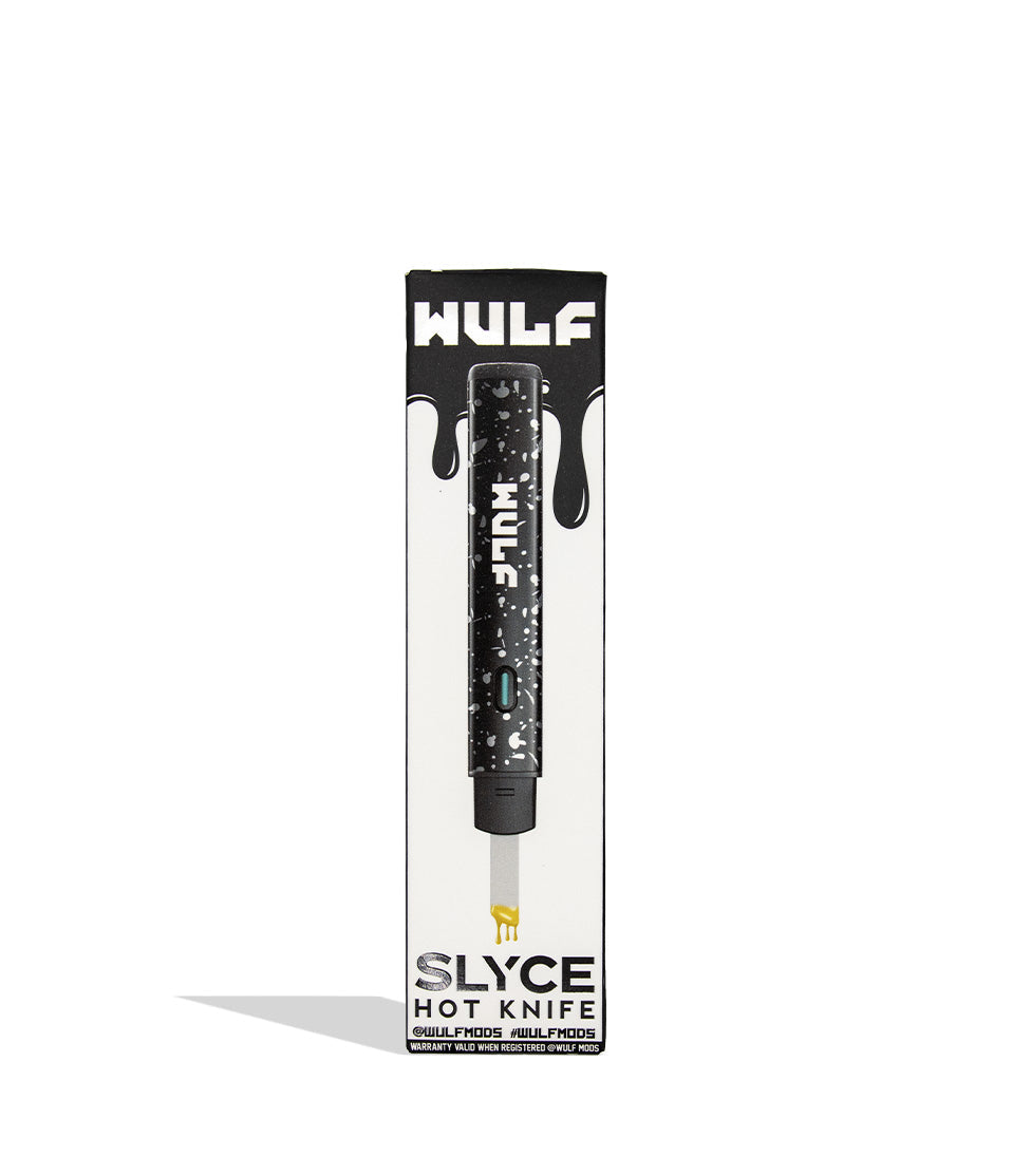 Wulf Slyce black white spatter individual packaging on a white background