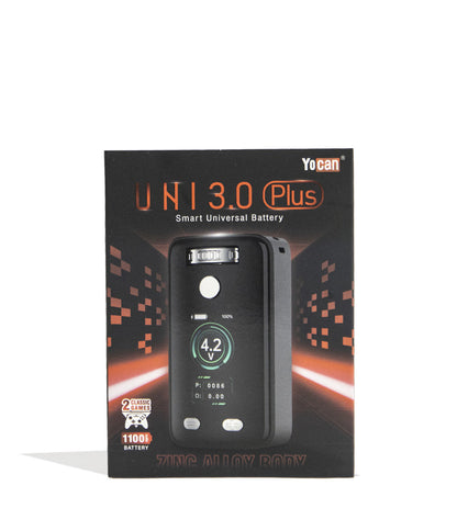 Black Yocan UNI 3.0 Plus Variable Voltage Battery Packaging Front View on White Background